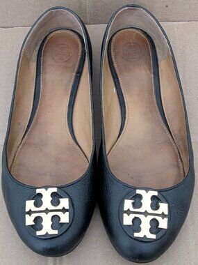 TORY BURCH Women's CHARLIE BALLET Reva Black Leather Logo Ballet Flats Size 7.5